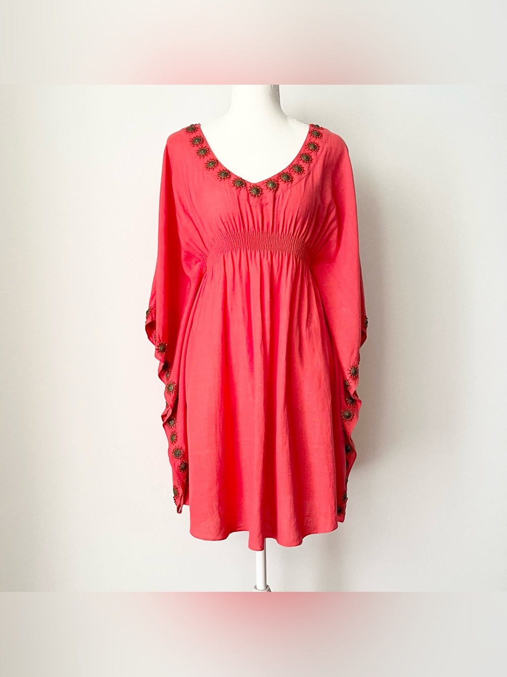 Melissa Odabash Caftan Kaftan Cover-up Size S Pink Beaded Rayon Cotton Flax